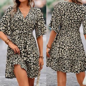 Allover Print Butterfly Sleeve Ruffle Hem Dress